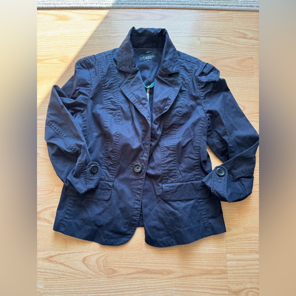 Talbots Navy Tailored Canvas Blazer Jacket lightweight cotton summer coastal